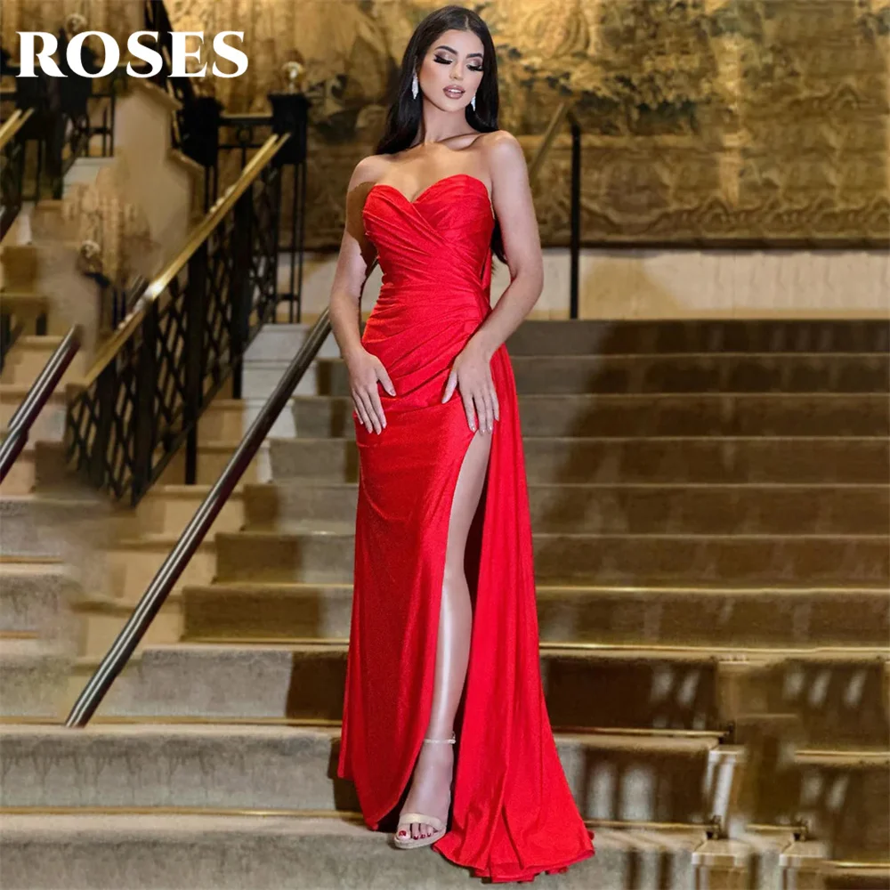 

ROSES Sexy Red Prom Dresses Side Split Trumpet vestidos de fiesta Pleat Sweetheart Evening Dresses Sleeveless Stain Formal Dress