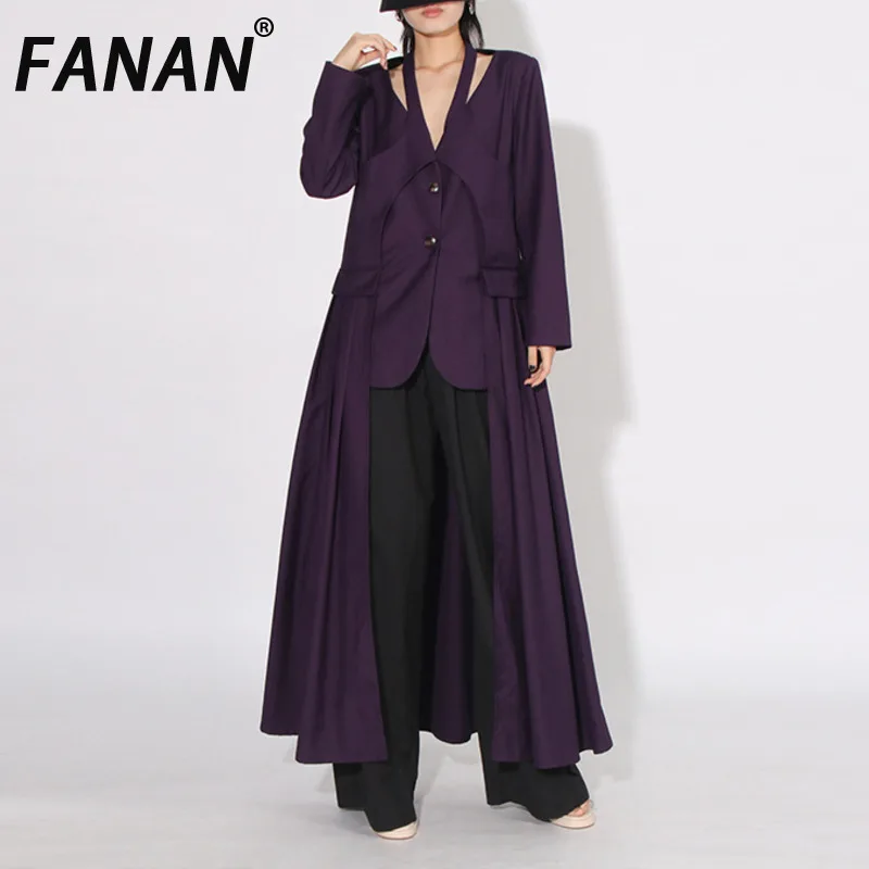 

FANAN Elegant Spliced Design Trench Women's V Neck Long Sleeve Hollow Out Windbreaker Female Coats Fashion Outwear 2025 New