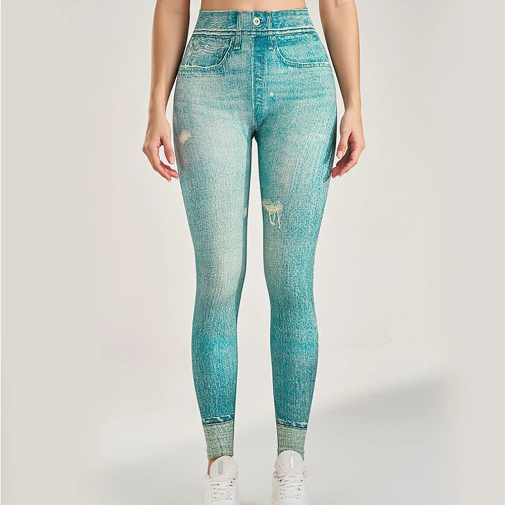 Mulheres falso jeans leggings ginásio calças de treino de fitness calças de yoga scrunch treinamento esportivo ao ar livre collants cintura alta roupas esportivas