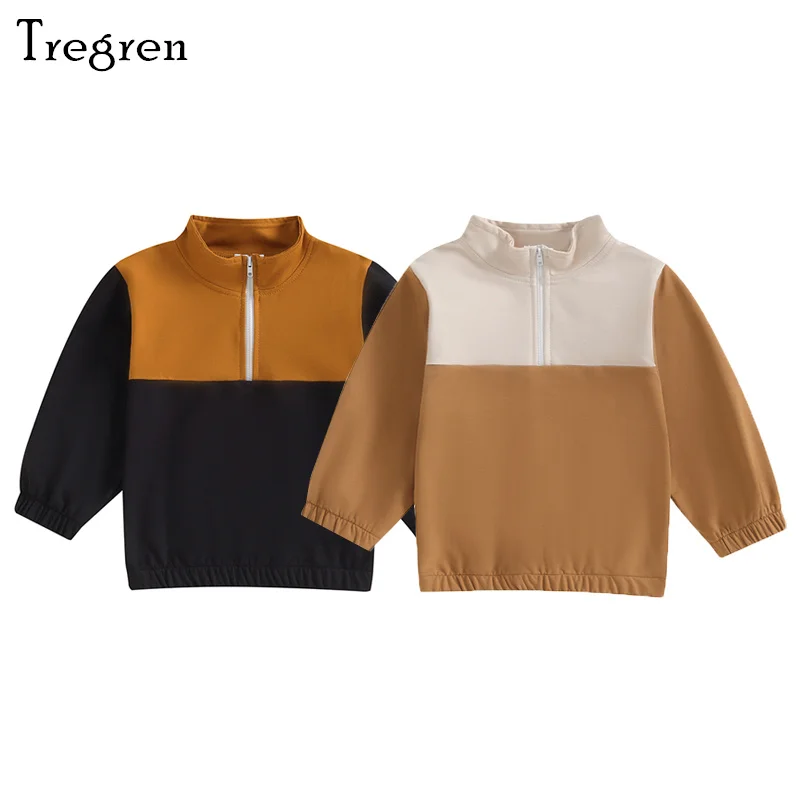 

Tregren 3-7Years Kids Boys Sweatshirt Long Sleeve Stand Collar Contrast Color Hoodie Fall Winter Pullover Tops Clothes