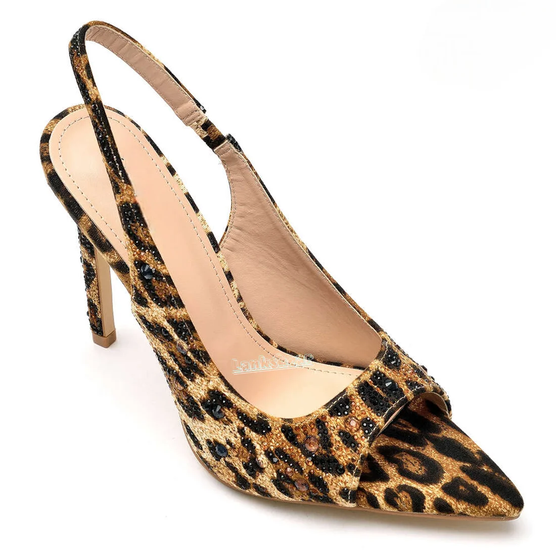 

Leopardo Slingback Pointed Toe Sandals Handmade Rhinestone Decoration Pointed Open Toe Thin High Heels Ankle Strap Buckle Summer