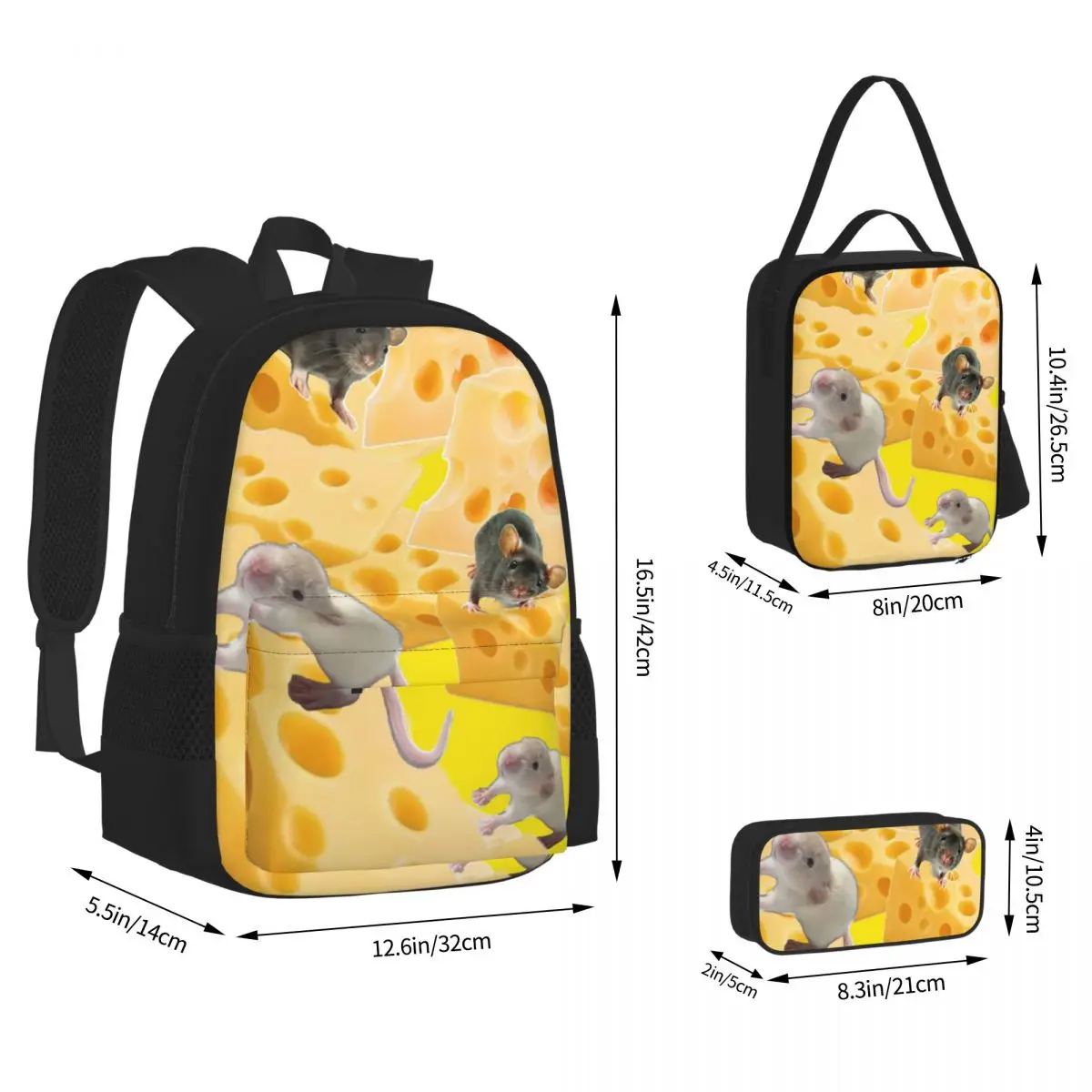 Rats Mouse Animal Cheese Backpacks Boys Girls Bookbag Children School Bags Kids Rucksack Lunch Bag Pen Bag Three-Piece Set