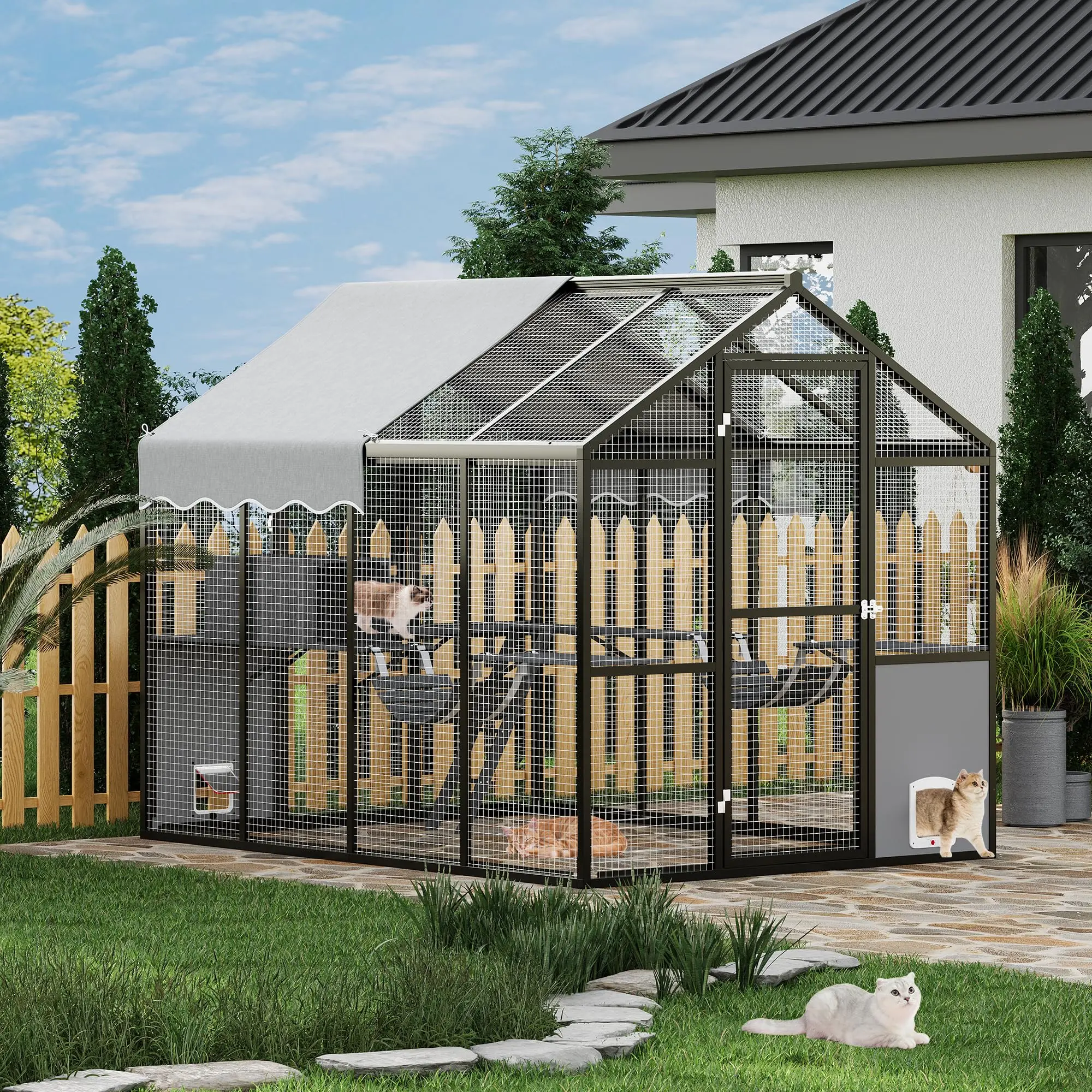 Extra Large Aluminum Outdoor Catio Enclosure For Multiple Cats Walk-in Cat Run With UV-Proof Cover Platforms & Adjustable Doors - view 6