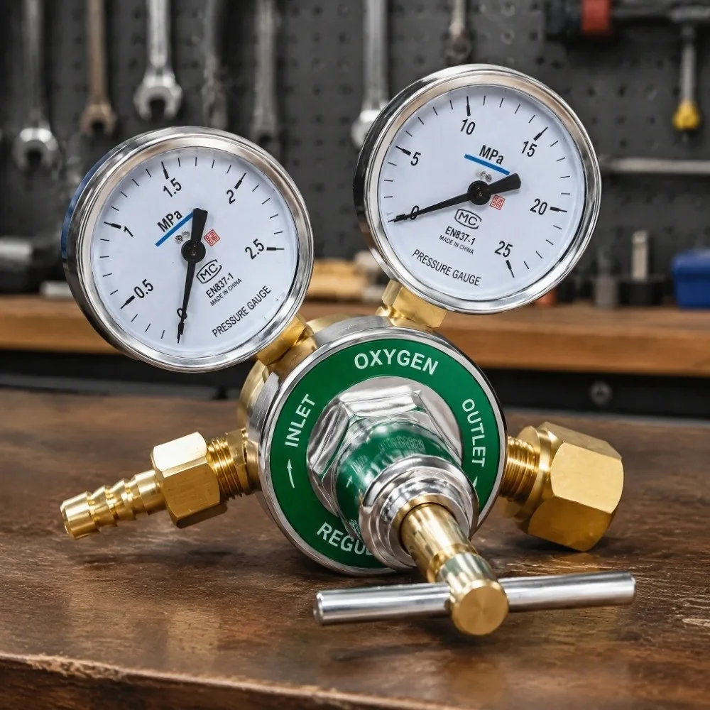 Copper Oxygen Regulator Dual Pressure Gauge Green Gas Pressure Reducer G5/8 Thread M16×1.5 Thread Pressure Regulating Valve
