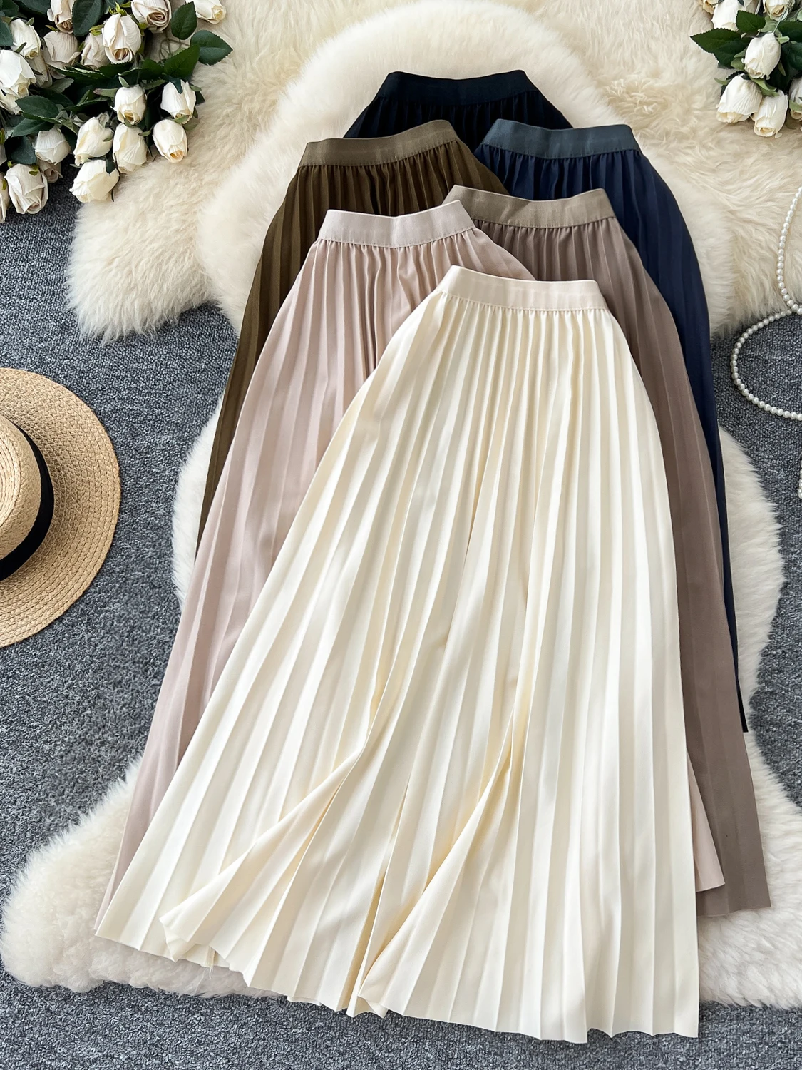 

Ele A-Line Midi Skirt Women's Elastic Waist Slimming Drapey Pleated Autumn Faion Ci Commute Stand Fit French Sle