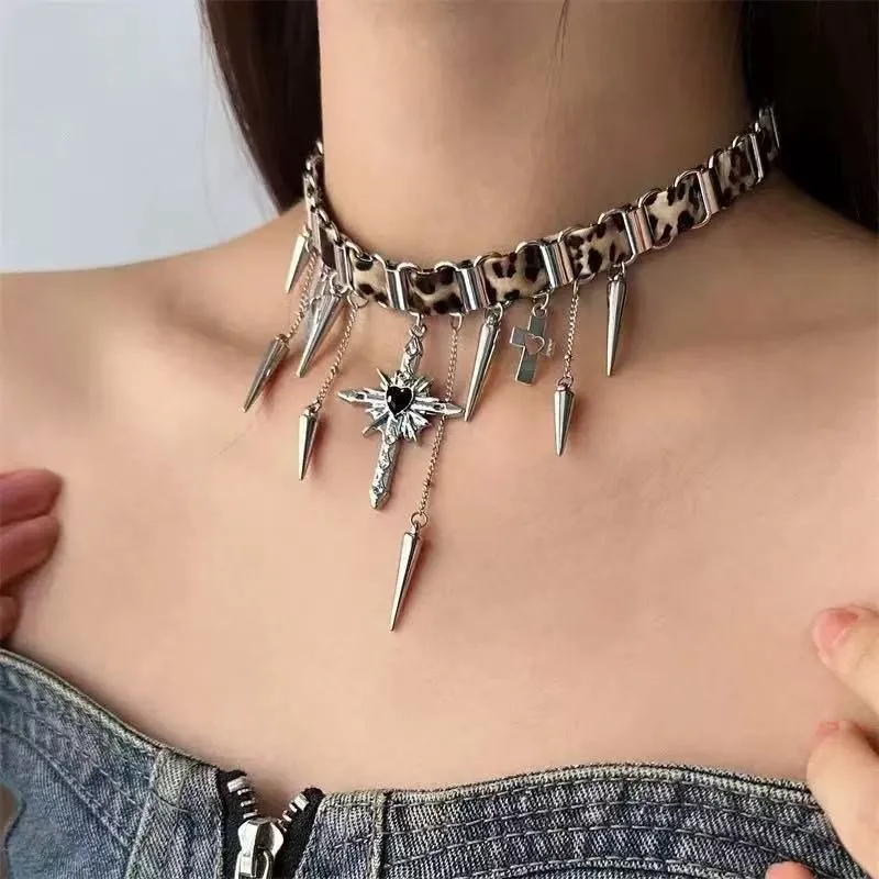 Punk Non-mainstream Girl Power style Sweet and cool vibe  Leopard pattern Bolt Tassel Cross  Pendant Leather Alloy Collar chain