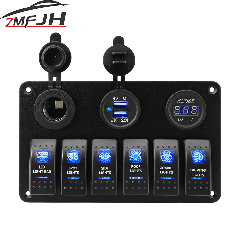 

6 Buttons Switch Control Panel Toggle Panel Dual USB Chargers Voltmeter With Blue Light For Car Marine Boat Circuit Breaker