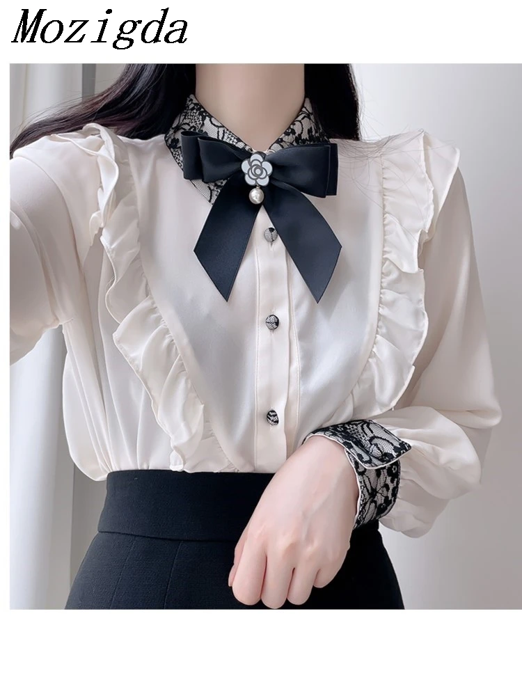 

Long Sleeve Ruffle Lace Sweet Shirt Women Blouse Cute Bow Tie Ladies Tops Blouses Vintage Japan Korea Chic Roupa Feminina