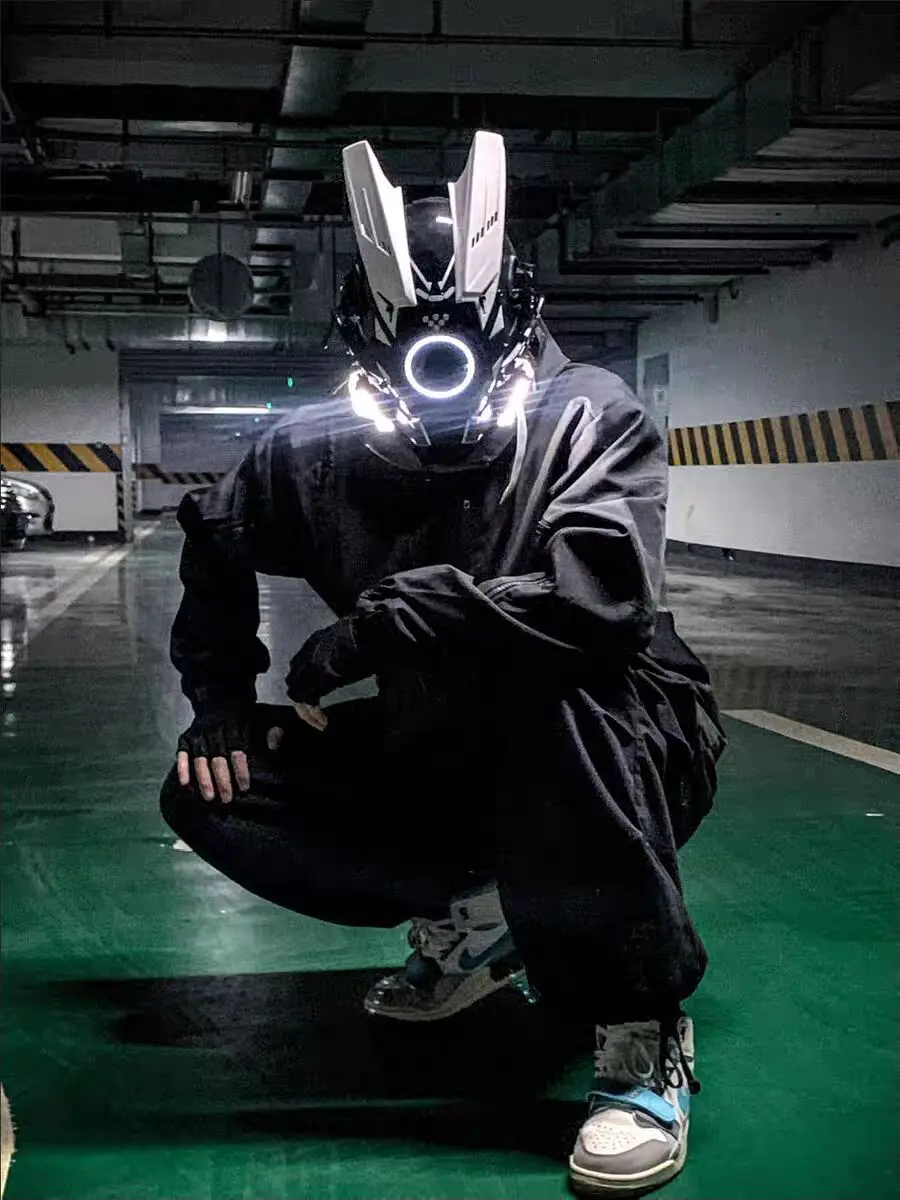 Light Shinobi Samurai Mask Cyberpunk Helmet Cosplay Dreadlocks Cool Mask With Led Braids Christmas Halloween Gift Dreads Wings