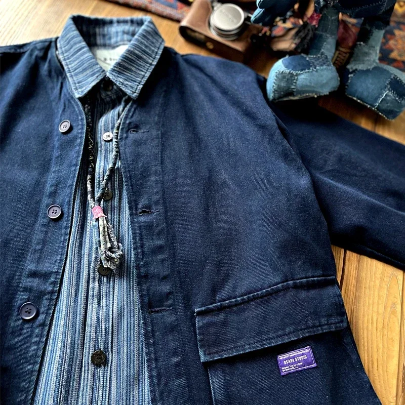 Japanese Minimalist Blue Dyed Cardigan Coat  Autumn New Item Collarless Casual Jacket Men's Trend