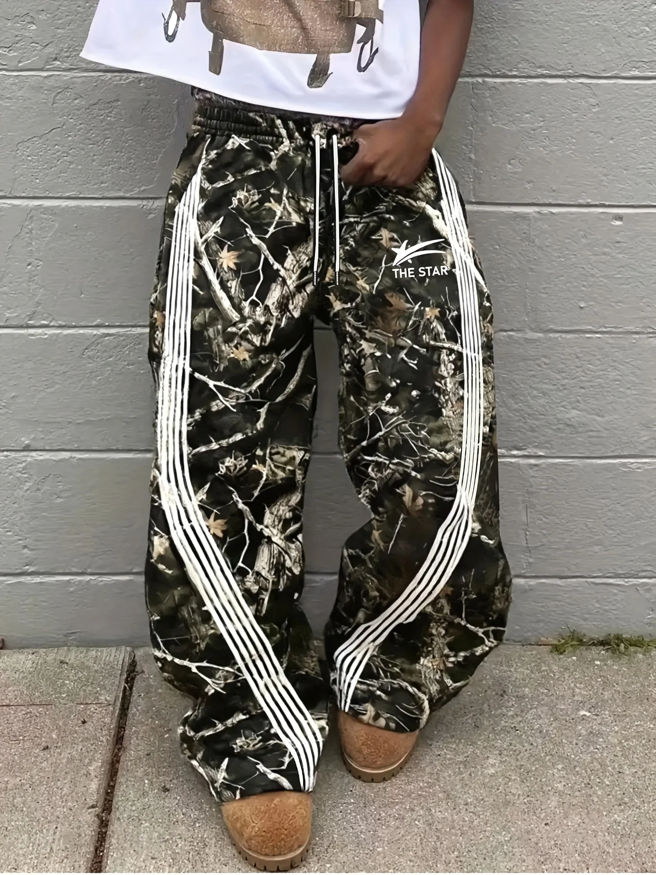 Camo Print Wide Leg Sweatpants Side White Stripes Drawstring Elastic Waist Hip Hop Streetwear Trousers