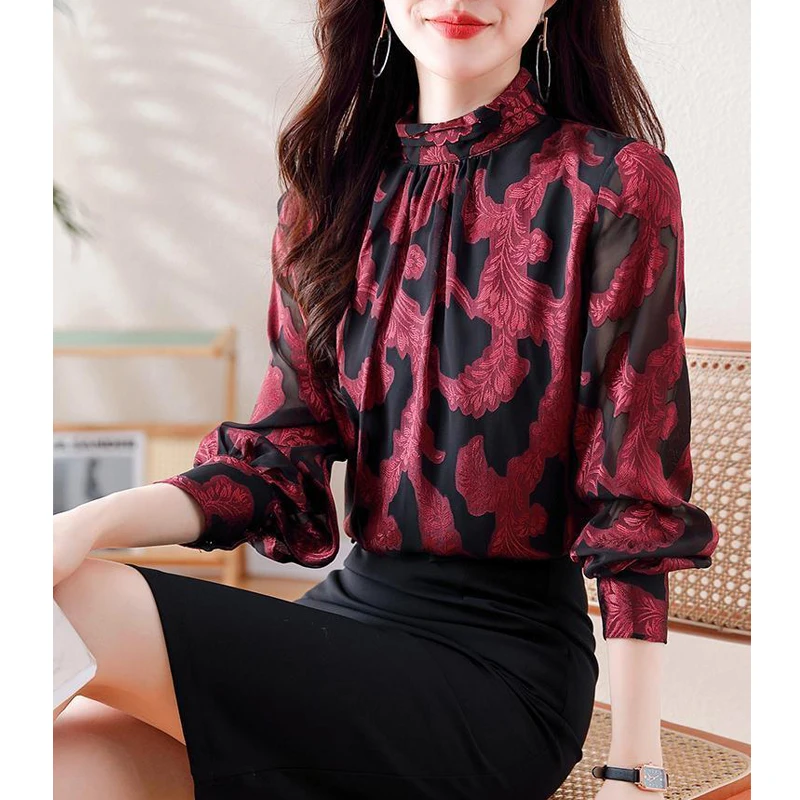 Women Korean Fashion Vintage Print Elegant Blouse Office Lady Casual Ruffled Stand Collar Shirt Sexy Mesh Long Sleeve Chic Tops