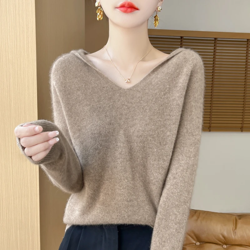 Autumn Winter Women Pullover Hoodies 100% Merino Wool Sweater V-neck Casual Loose Cashmere Knitwear Korean Fashion Female Jumper