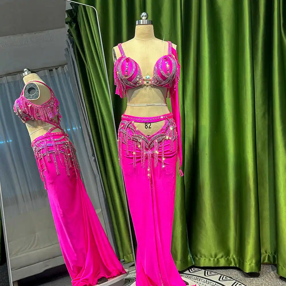 BellyDance Suit Embroidery Diamond Bra Split Fishtail Skirt Performance Set Custom Adult Child Competition Clothing Accessories