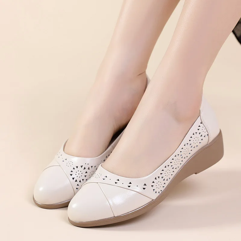 GKTINOO 2024 Women Flat Shoes Genuine Leather Woman Soft Pointed Toe Flats Summer Lady Hollow Mom Loafers Women Shoes Sandals