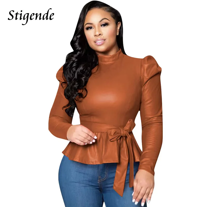 Stigende Women Long Sleeve Pu Leather Blouse Shirt Casual Solid Color Stand Neck Ruffle Shirts Autumn Faux Leather Frill Blouse