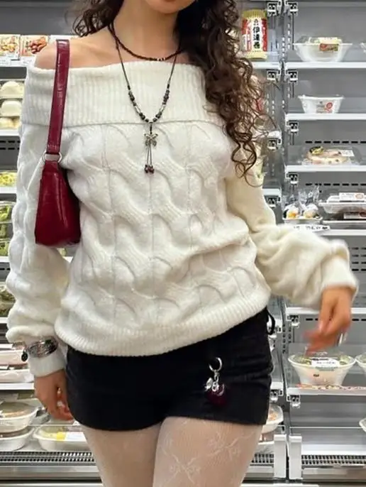 Новый осенне-зимний модный однотонный свитер с открытыми плечами для женщин