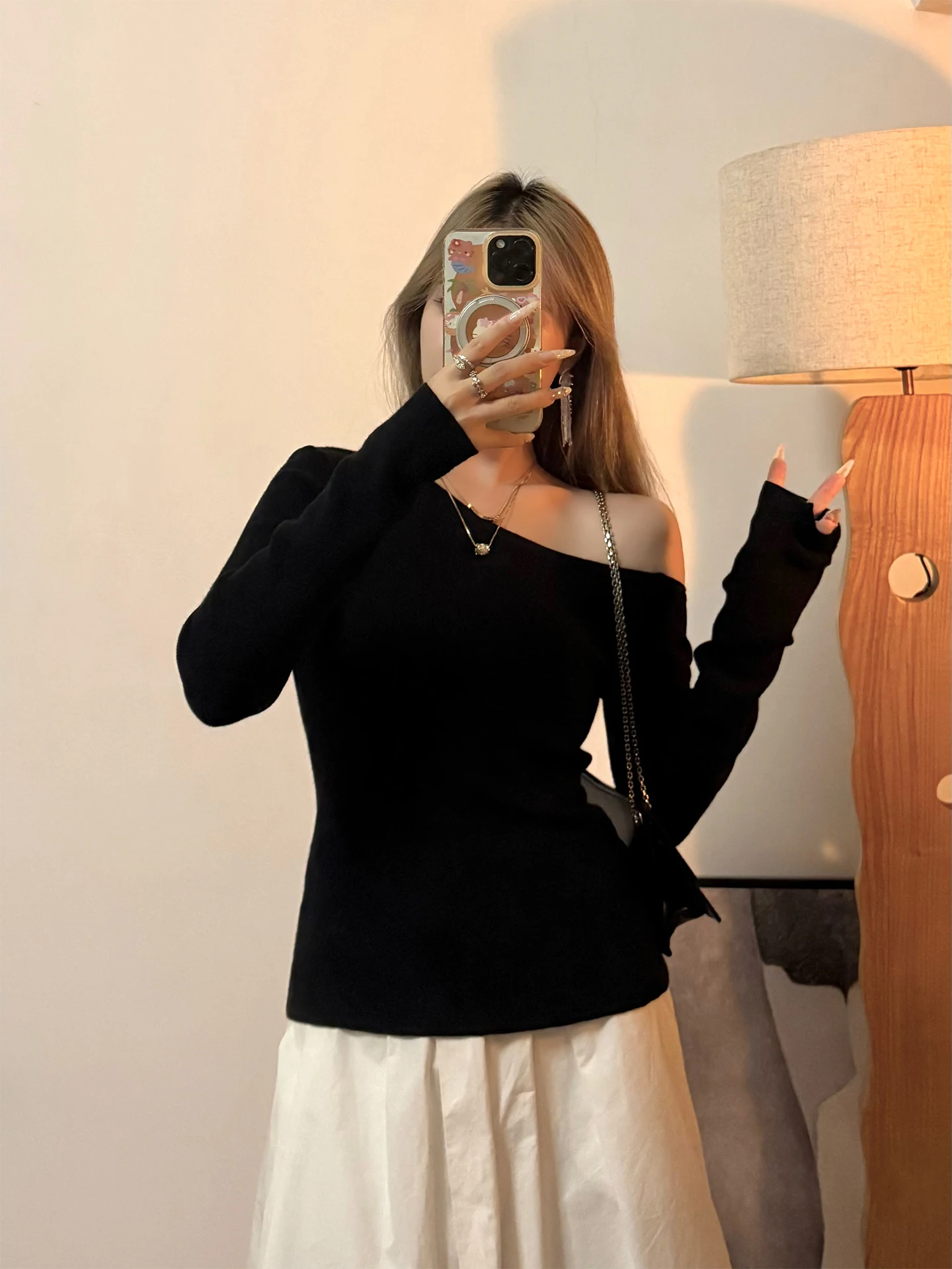 

Bla oulder Bared Long Sve T irt Women's Winter New Sle Slim Fit Sexy One oulder Top Pure Color Cotton Blend