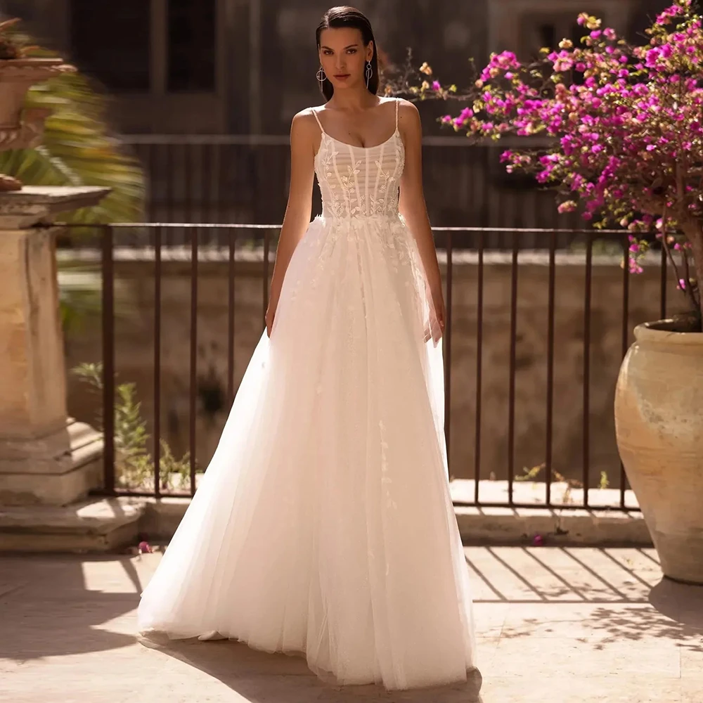 

Classic Spaghetti Straps Tulle Wedding Dress Bride A-Line Appliques Lace Zipper Back Sleeveless Civil Bridal Gowns Customized