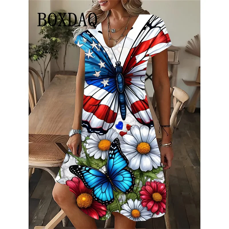 

Женское летнее повседневное платье в стиле бохо с 3D принтом бабочки и коротким рукавом с v-образным вырезом трапециевидной формы Свободные платья 3XL Пляжный женский сарафан большого размера