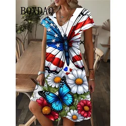 Women's Summer Casual Boho Dress 3D Butterfly Print Short Sleeve V-Neck A Line Loose Dresses 3XL Large Size Beach Women Sundress