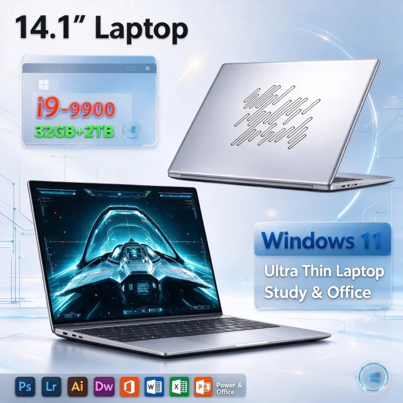 14.1" Inch Portable Notebook Windows 11 Intel I9-9900 32GB RAM Optional 1TB/2TB SSD Daily Work Ultra Slim Lightweight Laptop