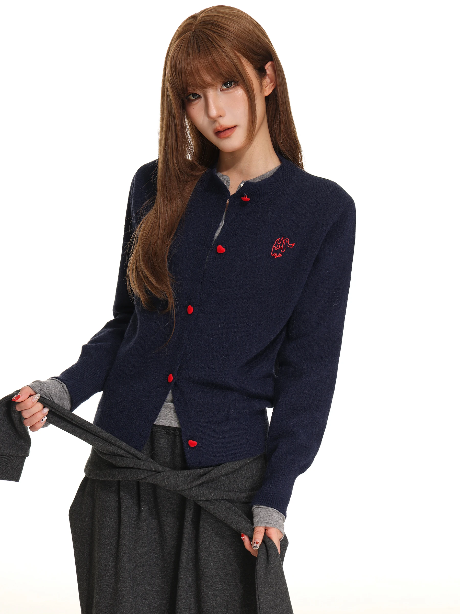 Retro American Knitted Sweater Coat for Women Autumn Love Button Print round Neck Design Sense Outerwear Soft Long Sleeve