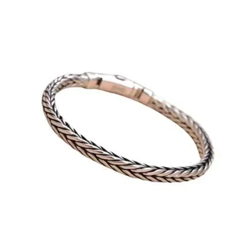 New S925 Sterling Silver Retro Thai Silver Simple Wind Hand Woven Bracelet Men's Versatile Bracelet Trend Hand Jewelry Bangle