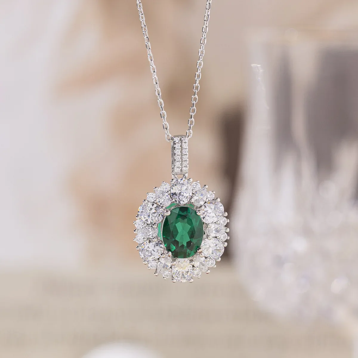 S925 Silver New High Jewelry Lab Cultured Emerald Set 3 Carat Egg Pendant Earrings