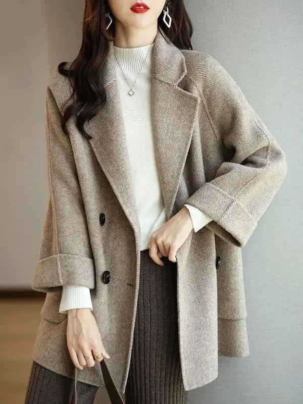 Korean Style Woolen Coat Medium Length Women's Outerwear Winter Season High Waist Pants Casual Daily Wear Thickened Fabric