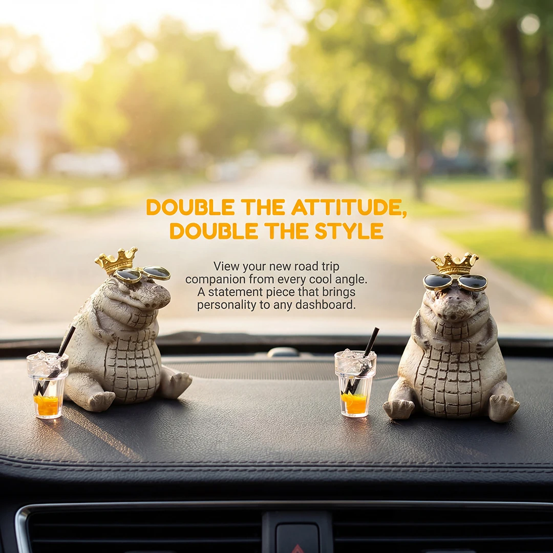 Cool King Crocodile Car Dashboard Decor with Sunglasses & Crown Cute Car Interior Accessory & Desktop Ornament Gift for Friends