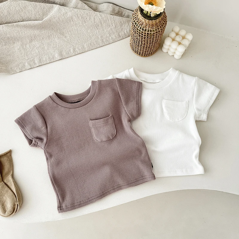 Summer Newborn Infant Baby Boys And Girls Cotton Solid T-shirt Kids Fashion Soft Casual Elastic Simple Baby Clothing