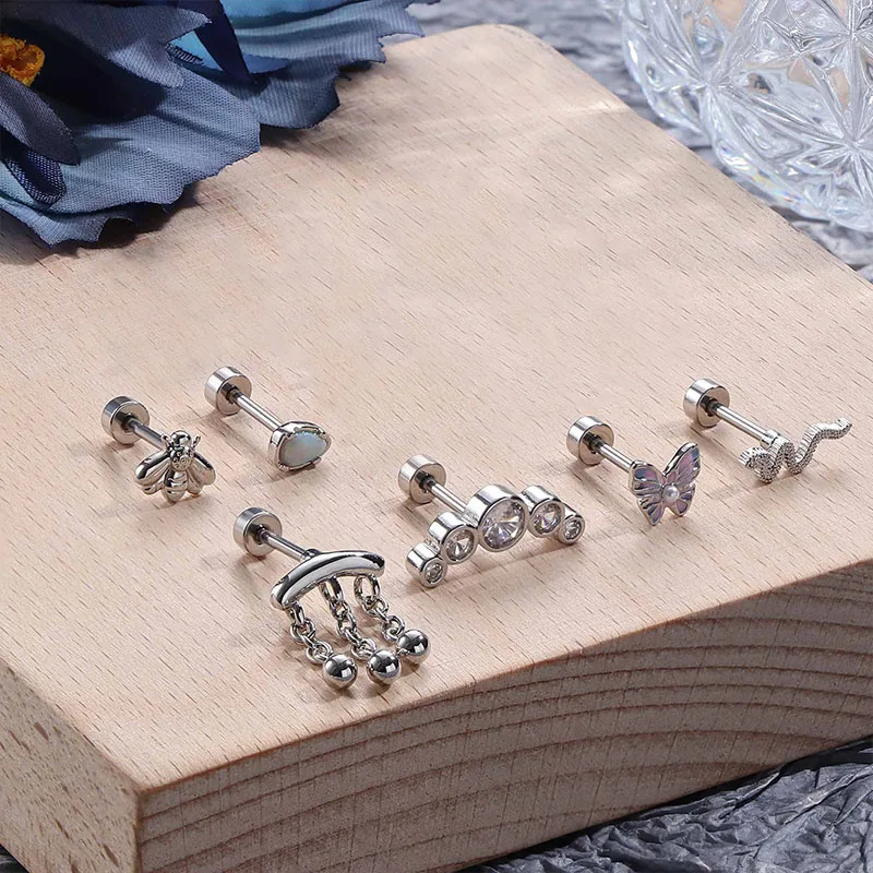 6 pieces of stainless steel stylish earrings, butterfly, snake, bee, opal and drop bead spiral piercing jewelry.
