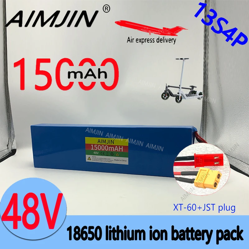 

48V 15Ah 18650 13S4P Li-Ion Battery Pack 1000W For 54.6V mountain bikes electric scooter BMS board battery pack XT60 JST Plug