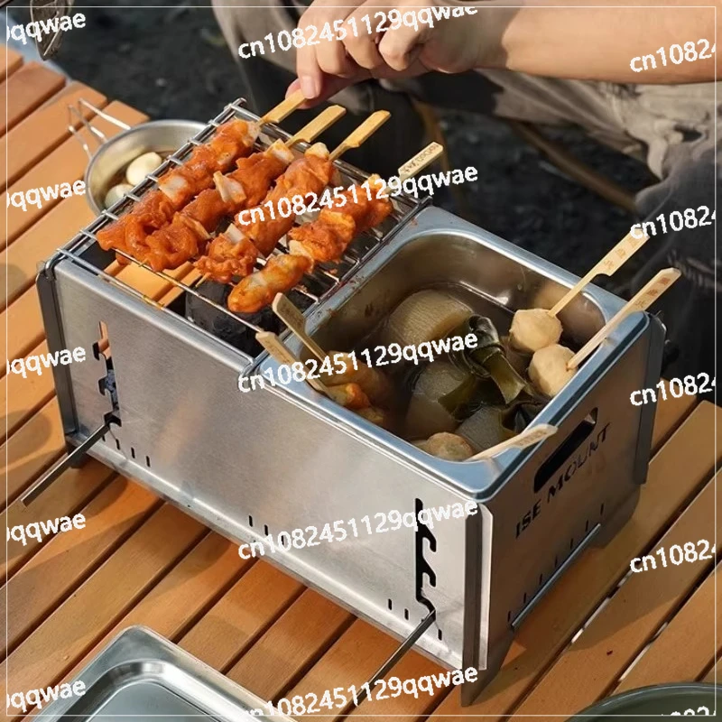 

Полка для барбекю из нержавеющей стали для кемпинга на открытом воздухе с портативной встроенной кастрюлей для горячей кастрюли