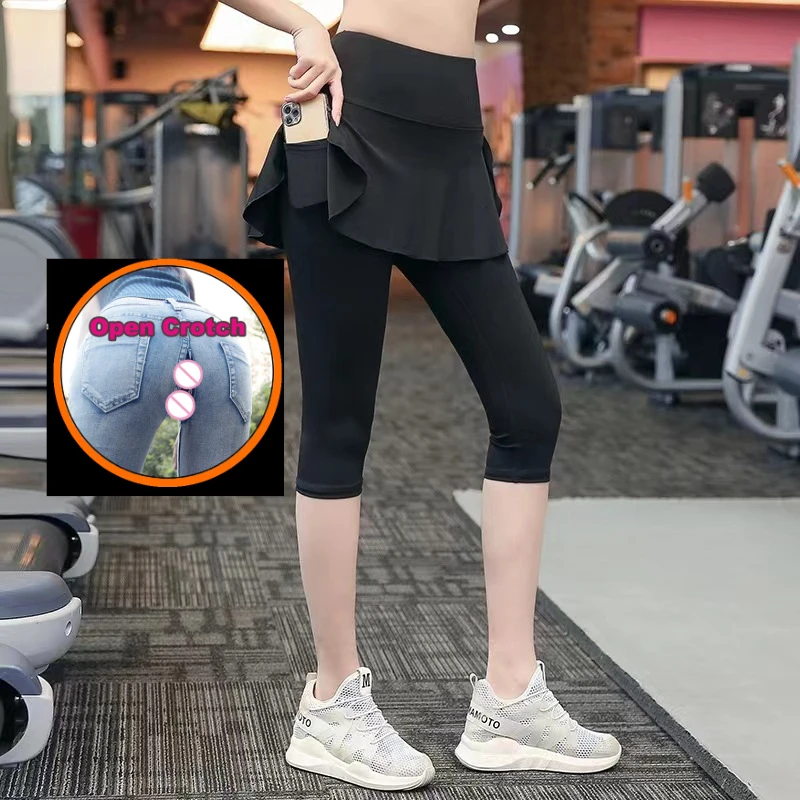 大きいサイズのヨガパンツオープンクロッチパンツ女性の偽二枚脂肪MM春と夏のフィットネスパンツ薄い緩いスウェットパンツ