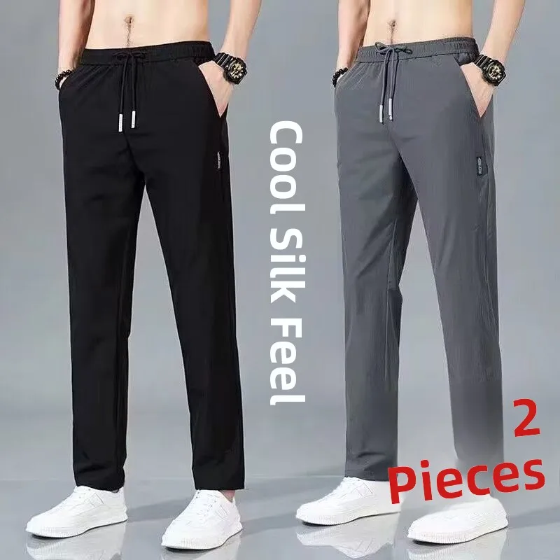 Pantaloni estivi sottili casual in seta di ghiaccio da uomo larghi di grandi dimensioni elastici versatili resistenti all'usura sport gamba dritta da uomo alla moda Tr...