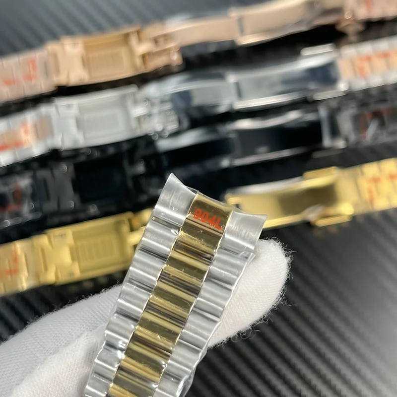 حزام ساعة بريزيدنت ذو نهاية منحنية 20 ملم من الفولاذ المقاوم للصدأ لساعة Seiko NH35 Datejust سوار الرئيس باللون الفضي والذهبي