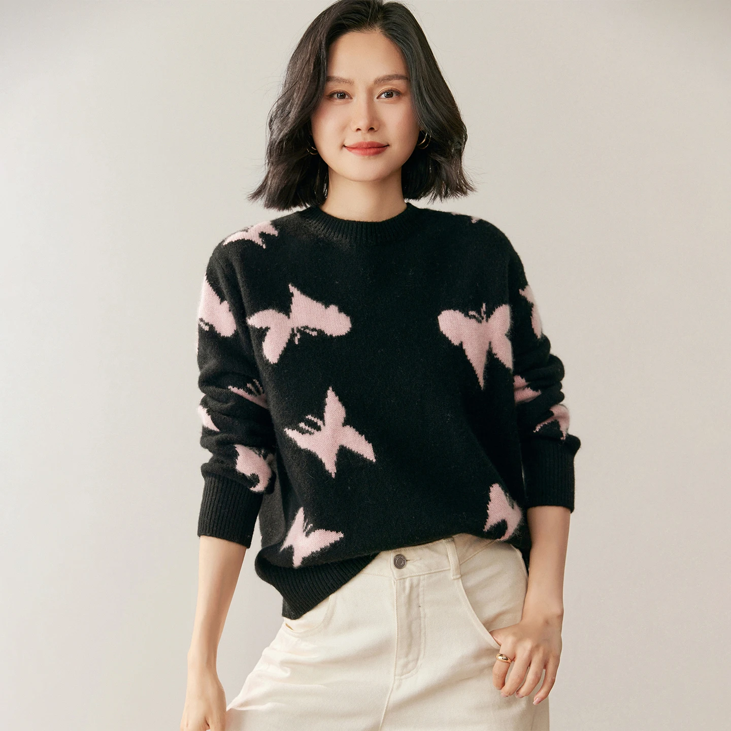 Five Needle Thick 100% Cashmere Sweater Women's Round Neck Knitted Pullover Fashion Korean Loose Base Sweater Winter Warm Tops..