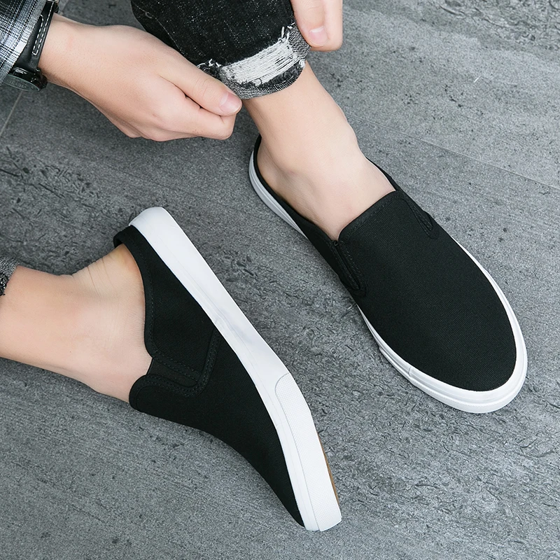 Canvas Half Shoes For Men Mules Sandals Slip On Flats Summer Loafers Slippers Man Slides Backless Mens Casual Driving Shoes 2024