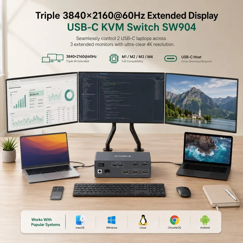 JCYMELE KVM Switch 3 Monitors 3 Computers USB C HDMI 4K 60Hz USB 3.2 Audio Mic Sharing Hub for Windows Mac Linux