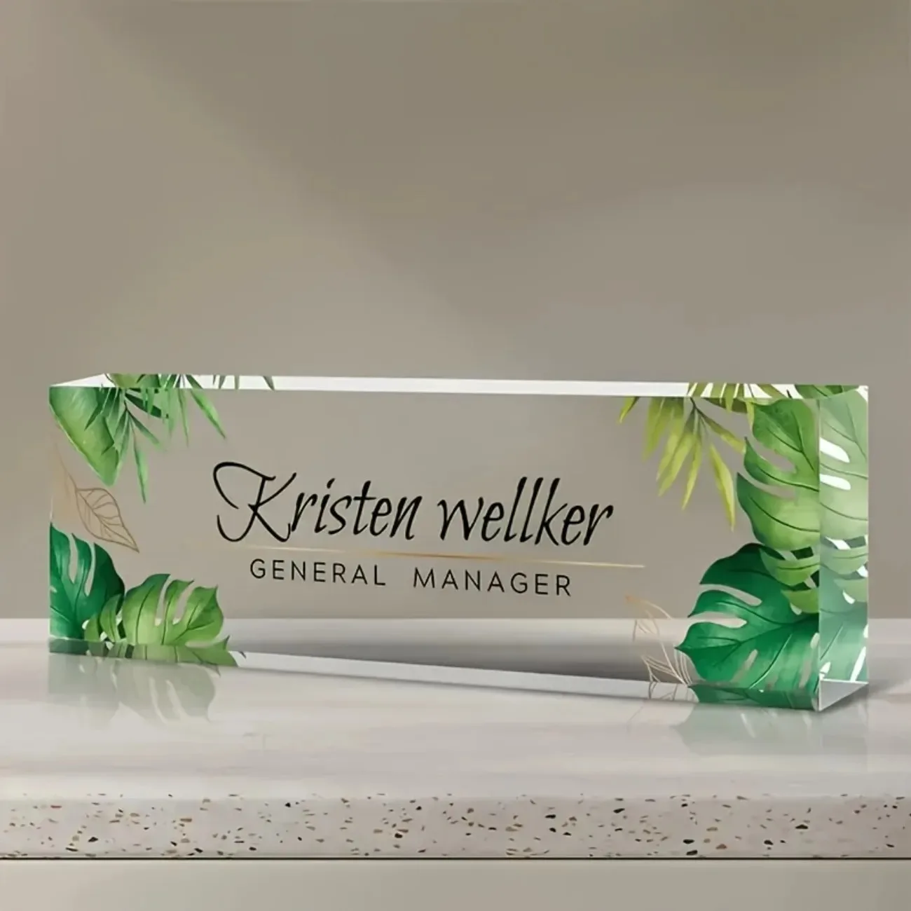 2D Flat Custom Personalized Acrylic Desk Name Plate Green Plant Art Premium Desktop Office Ornament (Only Decoration)