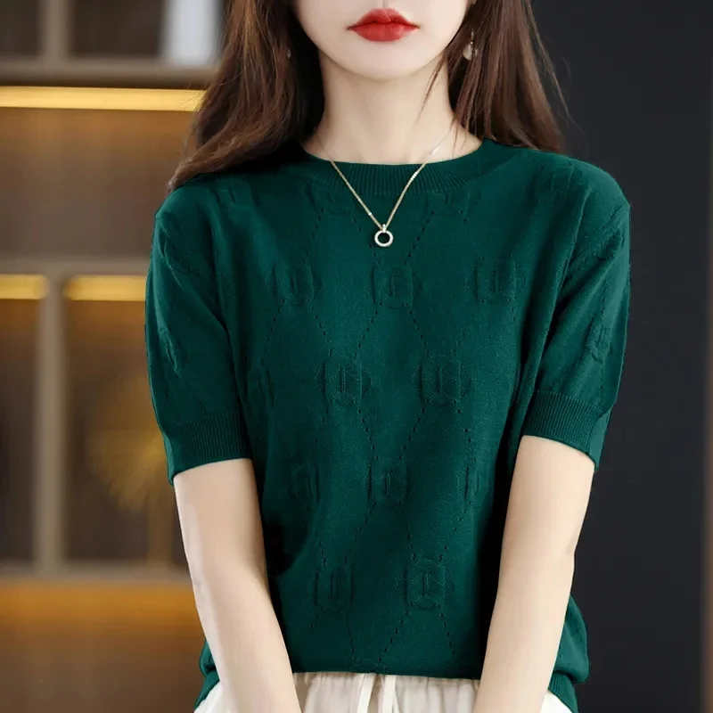 2024 New Spring and Summer New Short-sleeved Women O-neck Slim Wool Cotton Blend Pullover Vest T-shirt Knitted Base Sweater