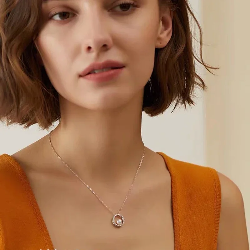 Aurora Brilliant White AKOYA Natural Freshwater Pearl Zircon Ring Pendant Necklace S925 Sterling Silver Fashion Collar Chain
