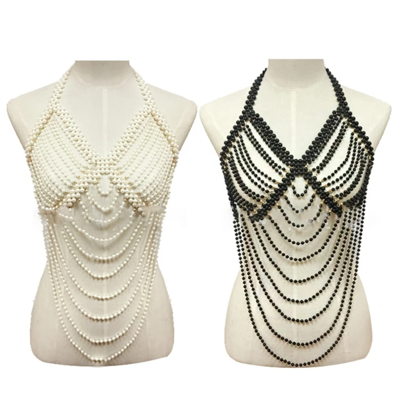 

Women Luxury Hollow Out Pearls Chain Necklace Jewelry Harness Elegant Halter Connected Top Vest for Party Dance Club Body Chain