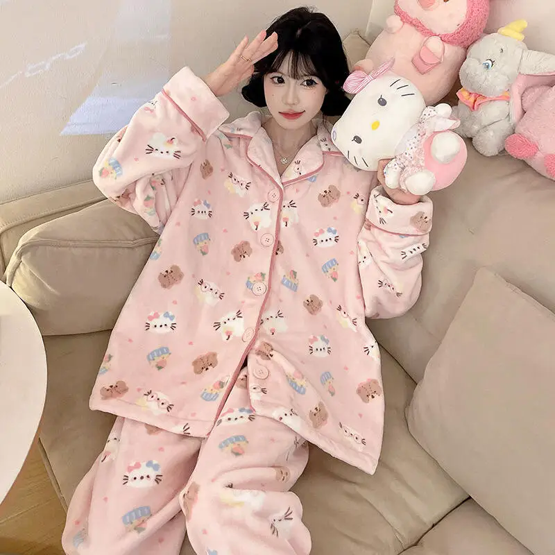 Cartoon Hello Kiity Pajamas Female Coral Fleece Cute Thicken Autumn Winter Warm Kawaii Flannel Soft Comfortable Lounge Clothes