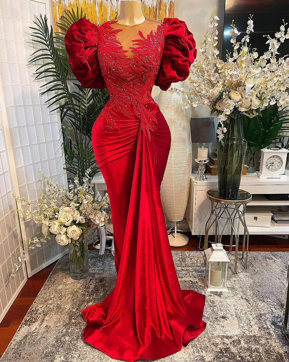 Velvet Red Evening Dresses For Women Mermaid Ruby Pearls Appliques Beading Formal Party Prom Gowns Pleat Vestido De Fiesta