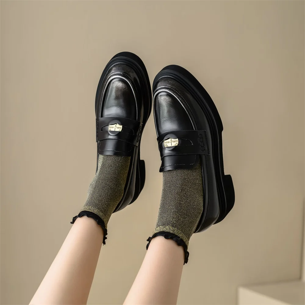 Taoffen Retro Loafers For Women Genuine Leather Square Heel Metal Decoration Pumps Casual Round Toe Slip-On Office Lady Shoes