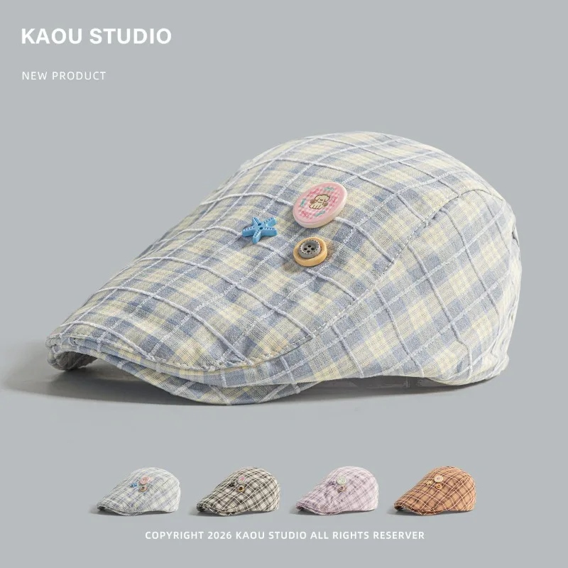 Japanese Literary Plaid Forward Hat Women's Summer Sweet Button Decoration Painter Cap Versatile Sun Visor Peaked Hats Gorras