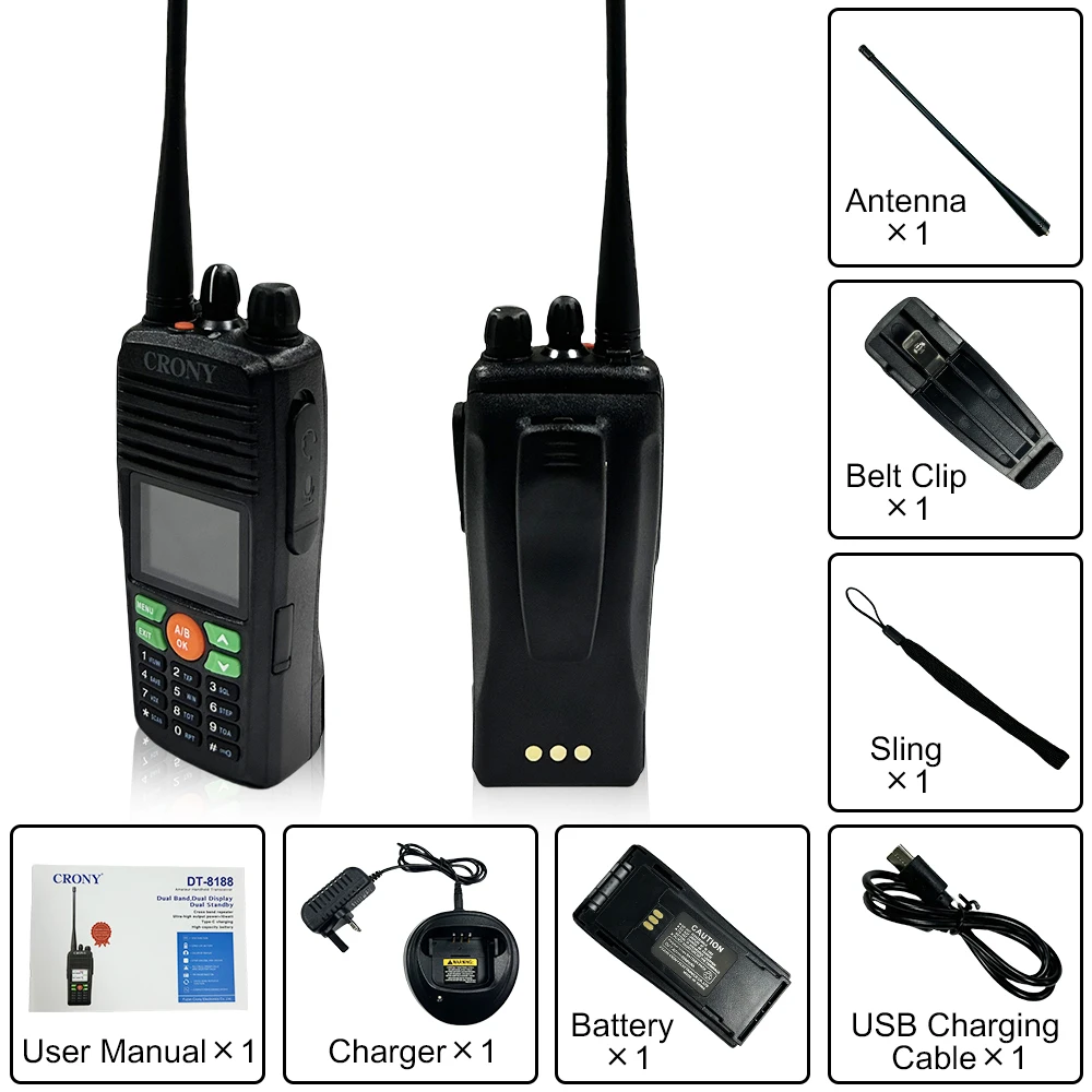 Crony DT-8188 15 km Fern-Amateur-Handtransceiver, tragbares Dualband-Typ-C-Kreuzband-Repeater, Walkie-Talkie